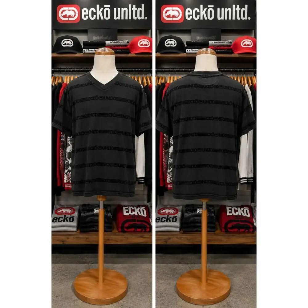 Ecko Unltd Black V Neck Tee Large All Over Raised Logo Y2K Streetwea